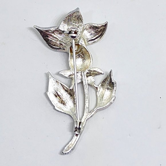 Vintage Silver Flower Pin with Aurora Borealis Rhinestones Pin Brooch - Picture 6 of 8